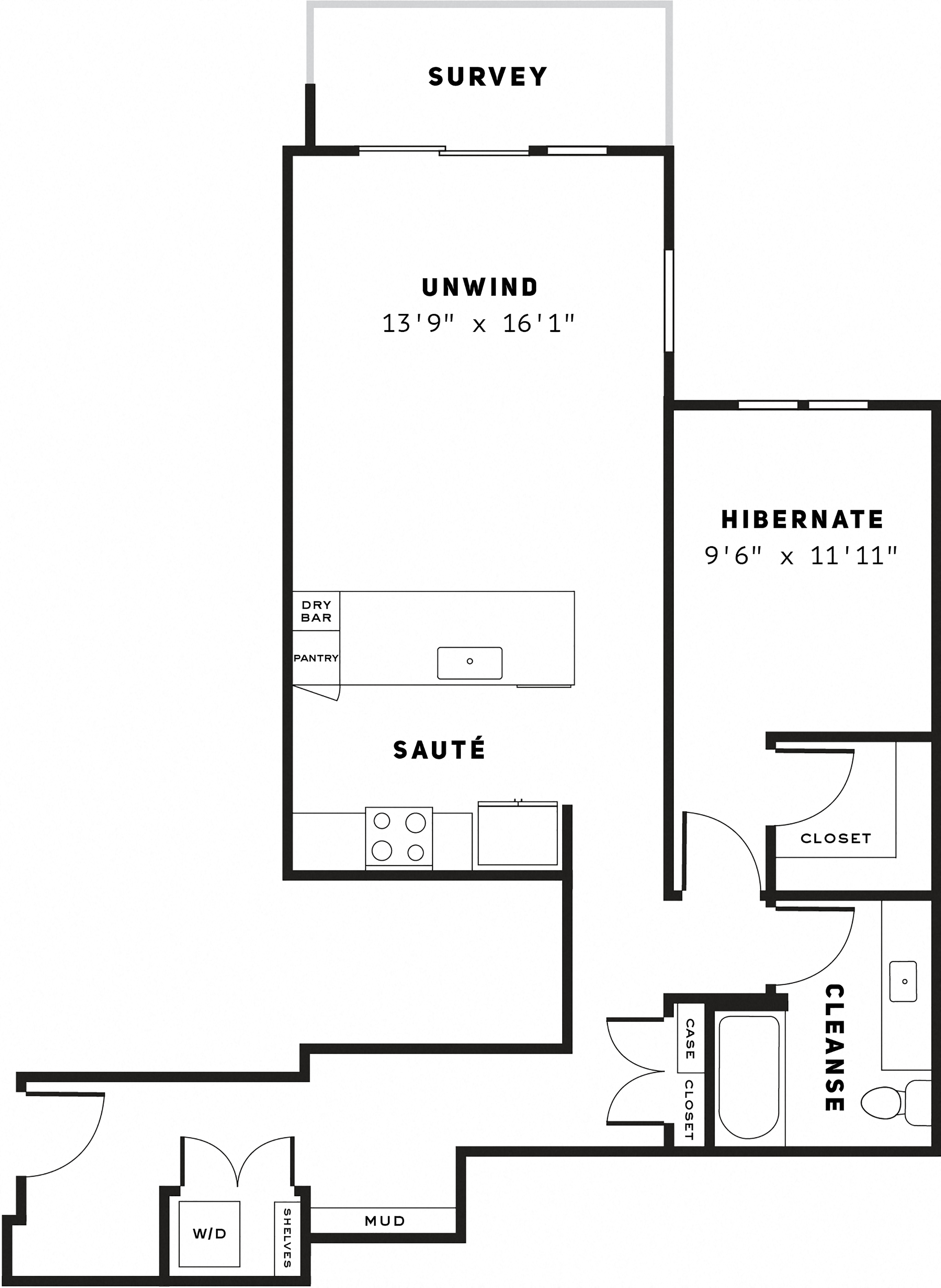 Floor plan for 1 bed, 1 bath, 875 sqft